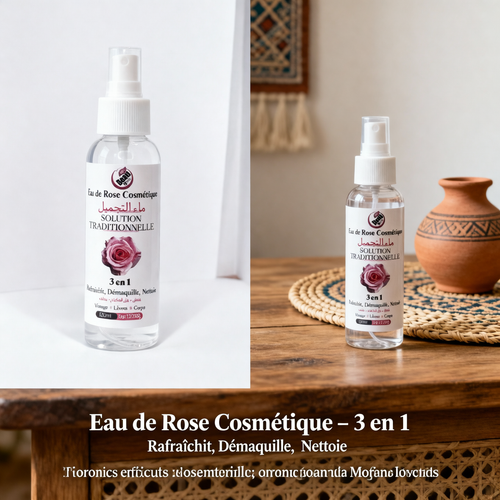Acqua di Rosa Cosmetica Naturale 120ml  3 in 1 – Tonico, Struccante e Idratante – Viso, Labbra e Corpo