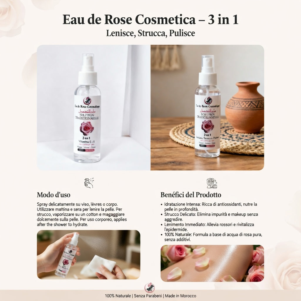 Acqua di Rosa Cosmetica Naturale 120ml  3 in 1 – Tonico, Struccante e Idratante – Viso, Labbra e Corpo