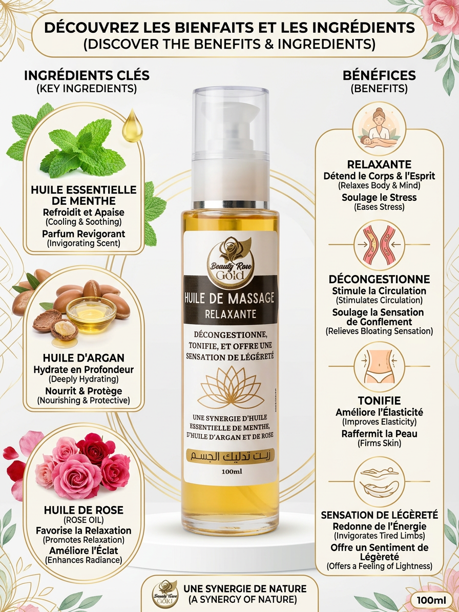 Relax & Freschezza Naturale 100ml – Olio da Massaggio con Argan, Menta e Rosa