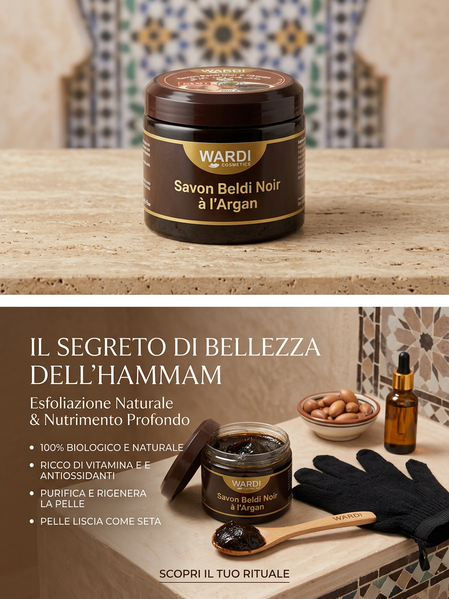 Sapone Nero all’Olio di Argan 200g – Esfoliazione e Nutrizione Profonda Effetto Hammam